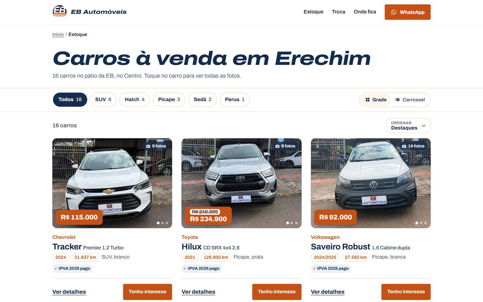 Página de estoque da EB Automóveis com os carros à venda, preços e filtros por tipo