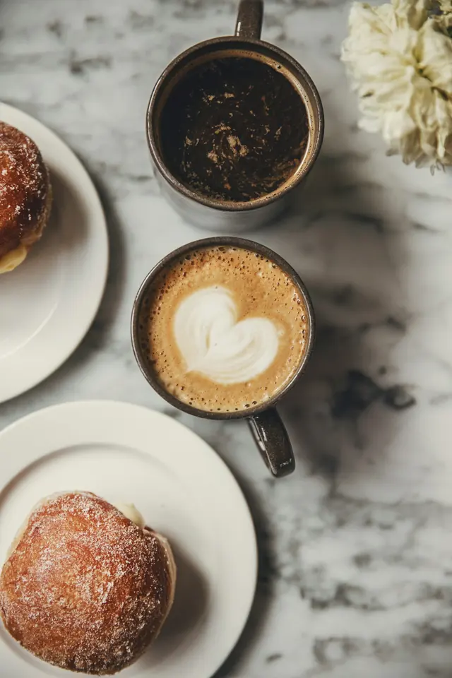 Latte com arte de coração e uma rosquinha.